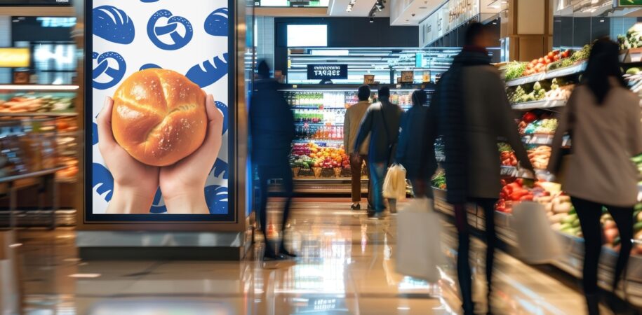 Modern supermarket with digital advertisement