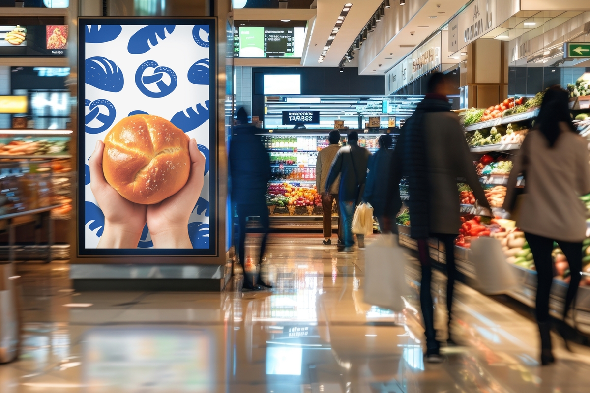 Modern supermarket with digital advertisement
